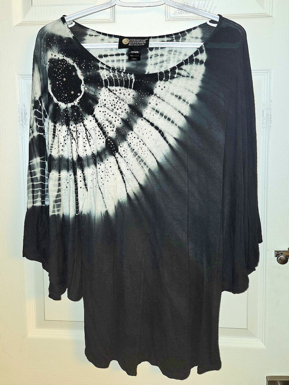 Christine Alexander Black & White Tie-Dye Swarovsky Chrystal Embellished Tunic